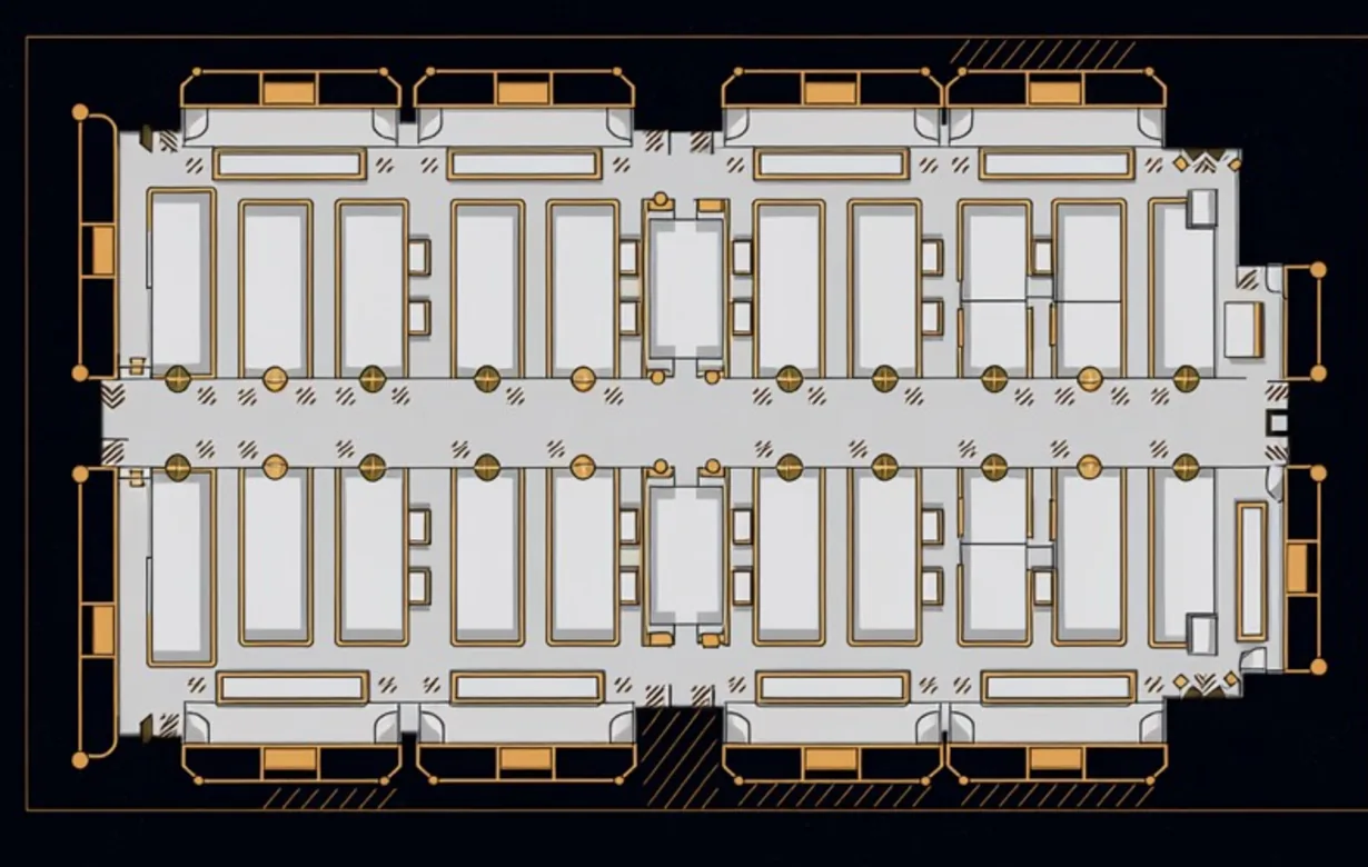 Schematic floor plan of a trade fair hall: aisles, island stands and entrances