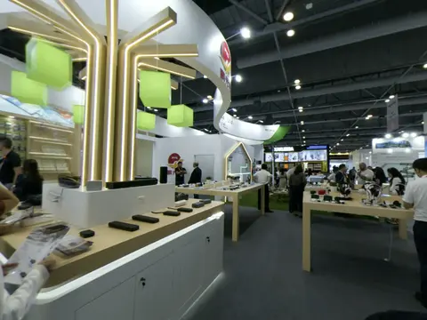 Product display tables on a trade fair booth