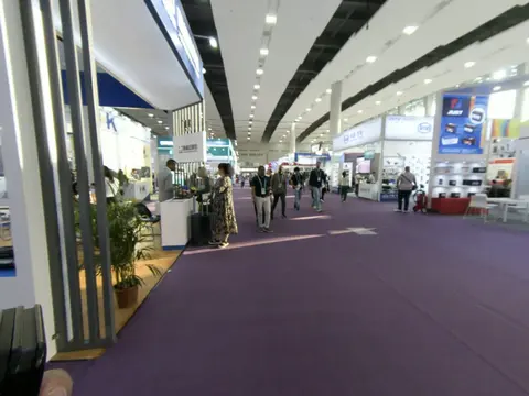 A side aisle of a trade fair hall